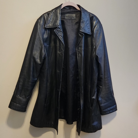 Vintage 90s Oversized Black Leather Jacket Trench - Picture 1 of 4
